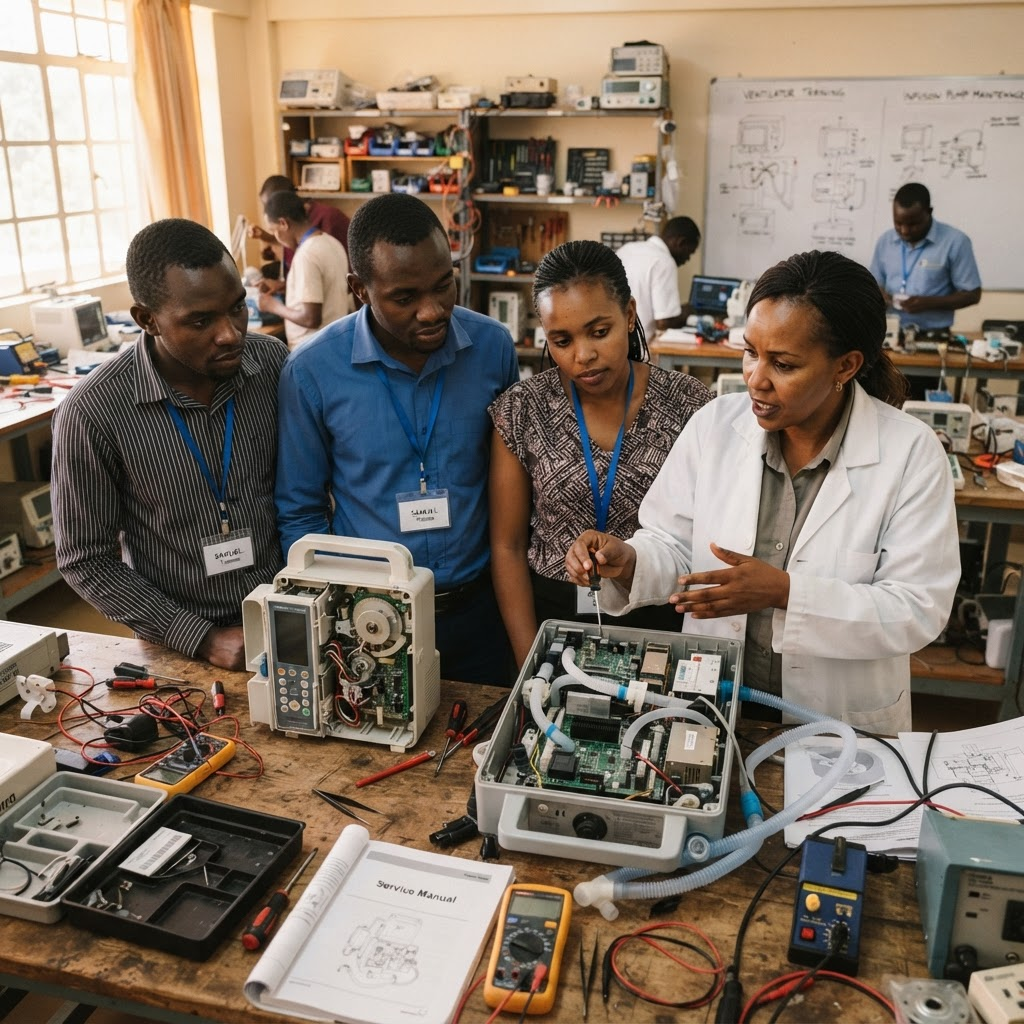 Instructor demonstrating the internals of a medical device to biomedical trainees